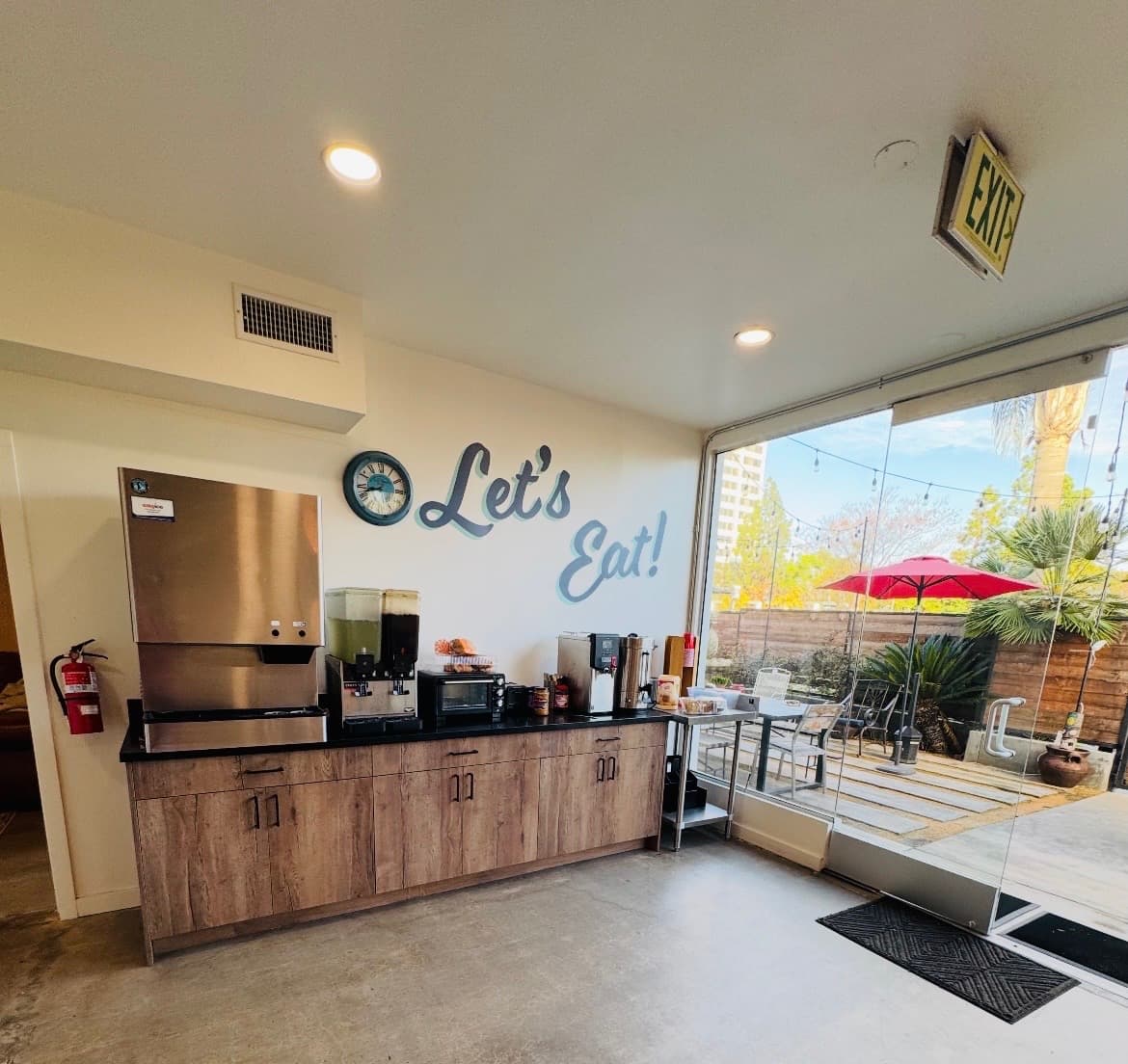 Dining area prepared for a shared meal at the facility.